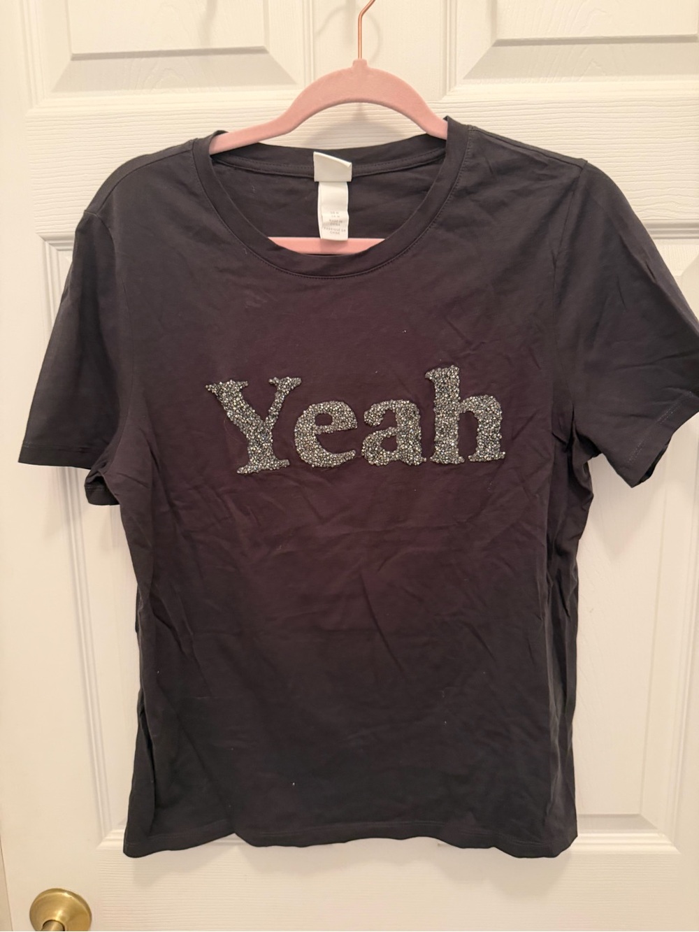 H&M Black Short-Sleeve Tee with Silver Glitter 'Yeah' Graphic